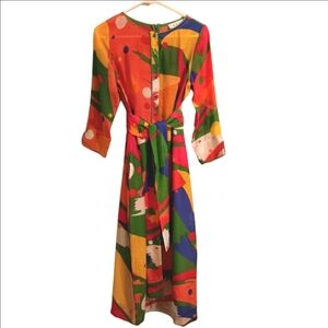Buru Vibrant Colorful Geometric Lightweight 3/4 Sleeve A-line Shirt Maxi Dress S